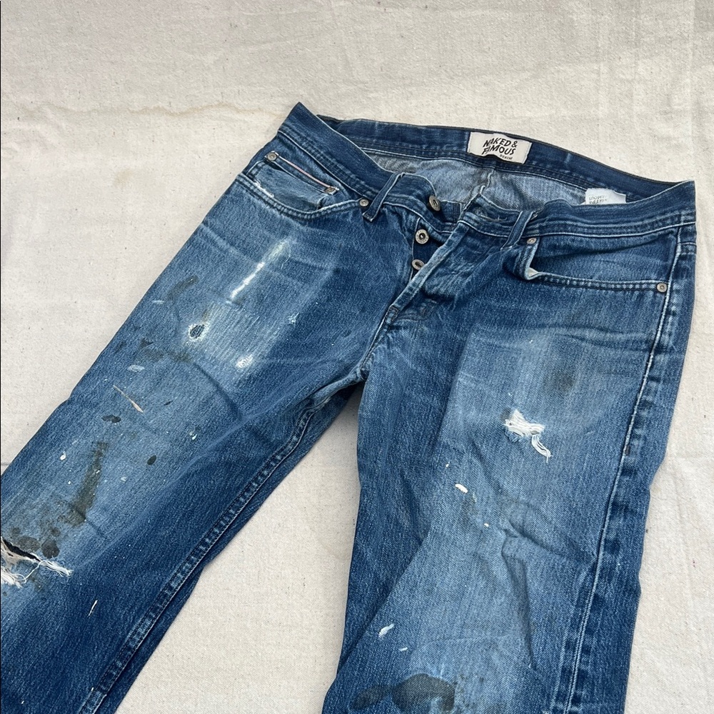 Naked & Famous Denim Slim Straight Blue Jeans with Distressing